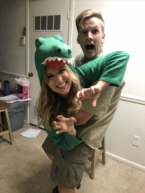 Steve Irwin and a croc! Steve Irwin And Crocodile Couple Costume, Steve Erwin And Crocodile Costume, Steve And Terri Irwin Costume, Crocodile Hunter Couple Costume, Steve Irwin And Crocodile Costume, Steve Irwin Costume, Women’s Dinosaur Costume, Crocodile Costume, Best Diy Halloween Costumes