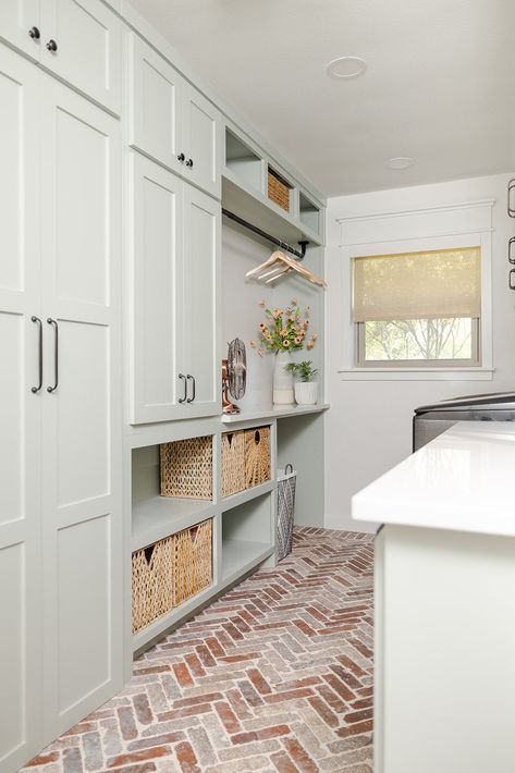 Want to know that paint color? Need a link to the flooring? Get ALL the links to the materials (and CADs!) used in this gorgeous laundry room remodel with our digital download. Designs and Spec Sheets can cost clients thousands of dollars, but with this digital download you can have all the information for just $29.95! Cottage Laundry Room, Laundry Room Tile, Laundry Room Colors, White Laundry Rooms, Pantry Laundry Room, Basement Laundry Room, Laundry Room Flooring, Dream Laundry Room, Basement Laundry