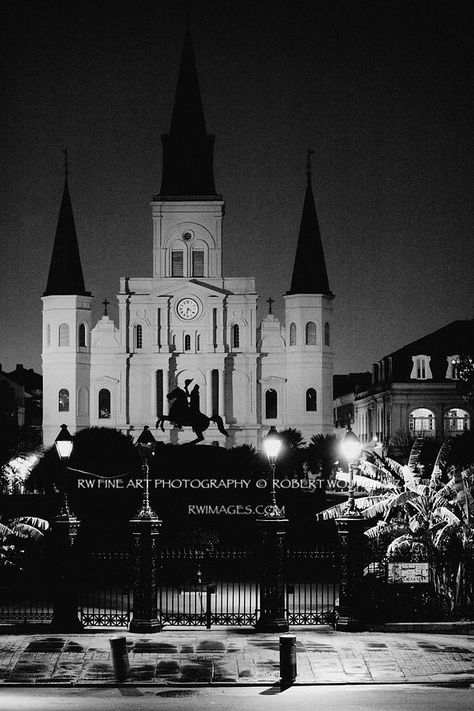 ST. LOUIS CATHEDRAL AT NIGHT NEW ORLEANS BLACK AND WHITE New Orleans Black And White, White Photo Frames, Framed Pictures, Large Framed Prints, Canvas Photo Prints, Large Wall Decor, Fine Art Photography Print, Interior Design Art, Photography Prints