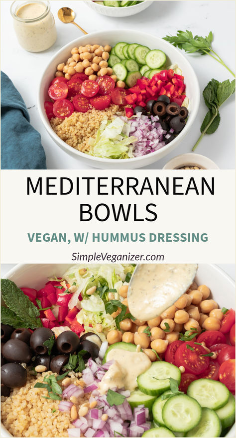 Enjoy the vibrant flavors of these Vegan Mediterranean Bowls! Featuring a base of crisp lettuce and quinoa, topped with fresh veggies, protein-rich chickpeas, and a zesty hummus dressing, this bowl is a perfect balance of taste and nutrition. Vegan Mediterranean Bowl, Summer Protein, Hummus Dressing, Chickpeas Protein, Recipe Quinoa, Vegan Mediterranean, Antipasto Pasta Salads, Hummus Bowl, Mediterranean Bowls