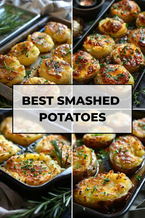 Discover the ultimate comfort food with these flavorful smashed potatoes recipes. From crispy smashed potatoes baked in the oven to classic smashed potato recipes, elevate your side dish game with these easy and delicious dishes. Whether you prefer a simple seasoned smashed potato recipe or a loaded version with all your favorite toppings, there's a recipe for everyone to enjoy. Try making these irresistible smashed potatoes at home for a tasty addition to any meal. Potatoes Smashed And Baked, Baked Smashed Potatoes In The Oven, Smash Potatoes Baked, Smashed Potato Recipe, Smashed Potatoes In Oven, Oven Smashed Potatoes, Smashed Potato Recipes, Smash Potatoes Recipe, Smashed Baked Potatoes