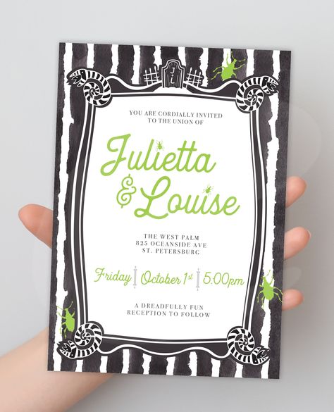 Halloween is a month away, are you ready? Beetlejuice Bachelorette, Tim Burton Wedding Invitations, Beetlejuice Birthday Invitations, Horror Movie Wedding Invitation, Beetlejuice Halloween Invitations, Andy And April, Beetlejuice Wedding, Geeky Wedding, Budget Bride