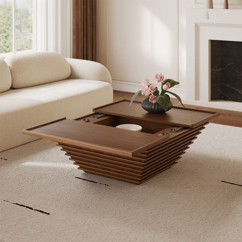 The coffee table's top can smoothly slide open, revealing concealed storage space that is both aesthetically pleasing and practical. Its base features a distinctive horizontal layered design, enhancing a sense of visual depth and imparting a modern artistic sculpture vibe, exuding a profound sense of design finesse. Extended Table, Unique Coffee Table Ideas, Brown Furniture Living Room, Drum Coffee Table, Basement Inspiration, Mid Century Coffee Table, Unique Coffee Table, Lift Top Coffee Table, Brown Furniture