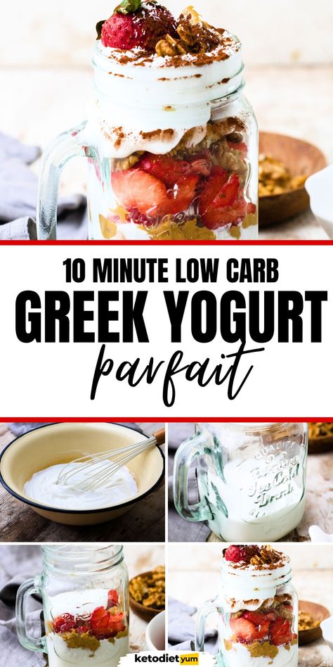 Keto Yogurt Parfait Recipes, Low Calorie Yogurt Parfait, Low Carb Yogurt Parfait, Protein Yogurt Parfait, High Protein Parfait Recipes, High Protein Low Carb Recipes Breakfast Greek Yogurt, Low Carb Parfaits, Keto Parfait Recipes, Greek Yogurt Keto Recipes