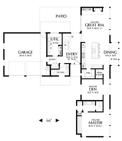 Main Floor Plan of Mascord Plan 22207 - The Albright - A home that's all about streamlining your life Cozy Great Room, Split Level Floor Plans, Modern Floor Plans, Den Office, Split Bedroom, Two Story House Plans, Modern Small House Design, House Plans 3 Bedroom, Concrete Home