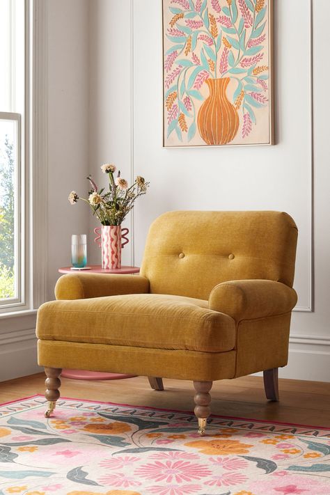 Yellow Velvet Armchair, Yellow Chair Office, Sofa Chairs For Bedroom, Mustard Accent Chair, Arm Chairs Bedroom, Jaipur Bedroom, Relax Chair Design, Mustard Headboard, Yellow Living Room Decor Ideas