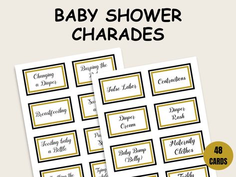 Baby Shower Español, Baby Shower Charades, Baby Bump Clothes, Charades Cards, Charades Game, Shower Black, Gold Baby Shower, Gold Baby Showers, Fun Printables