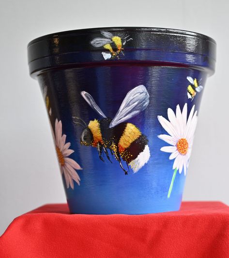 Hand Painted Bee Flower Pot Honey Pot Painting, Clay Pot Bee, Bumble Bee Flower Pot, Bee Painted Pot, Painted Terracotta Pots Dog, Fashion Design Classes, Pottery Pots, Flower Pot Art, Painted Terra Cotta Pots