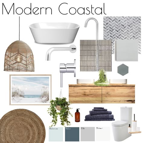 Modern Coastal Bathroom Interior Design Mood Board by The Plumbette | Style Sourcebook Coastal Modern Bathroom, Coastal Style Bathroom, Modern Coastal Bathroom, Modern Coastal Interior Design, Coastal Bathroom Decor, Beach House Bathroom, Coastal Bathroom, Coastal Interiors Design, Coastal Modern