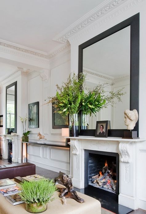 Beautiful 'bones' in this space.  xo--FleaingFrance Mirror Over Fireplace, Mirror Above Fireplace, Elegant Mantel, Living Room Classic, Fireplace Update, Fireplace Mirror, Large Mirror, Style At Home, Fireplace Mantels