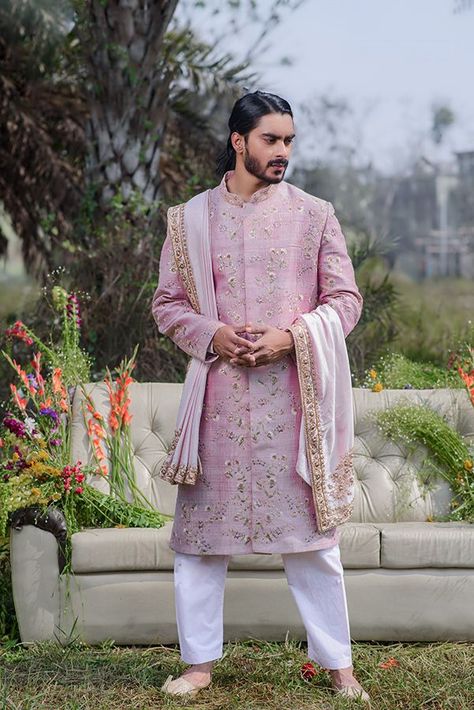 Sherwani For Groom, Jaal Embroidery, Lavender Fabric, Sherwani Groom, Sherwani For Men, Over It, Raw Silk, Lavender, Saree