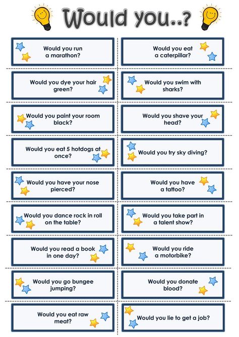 These are some fun conversation cards with "Would you" questions for your ESL students. Speaking Cards For Kids, English Class Ideas, English Class Activities, Speaking Activities Esl, Speaking Activities English, Speaking Cards, English Speaking Practice, Esl Activities, English Games