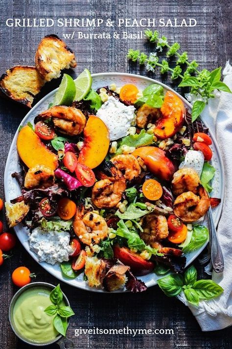 Grilled Shrimp and Peach Salad w/ Burrata and Basil - Smoky, charred shrimp and sweet peaches atop leafy greens with creamy burrata and fresh basil makes a perfect summer salad and is ready in 30 minutes! #salad #summersalads #grilledshrimp #grilledshrimpsalad #grilledpeaches #grilledpeachsalad #summerrecipes #keto #glutenfree #giveitsomethyme | giveitsomethyme.com Shrimp Peach Salad, Summer Salad With Shrimp, Peach Shrimp Recipes, Shrimp And Burrata, Peach Shrimp, Charred Shrimp, Salad With Burrata, Summer Shrimp Recipes, Grilled Shrimp Salad