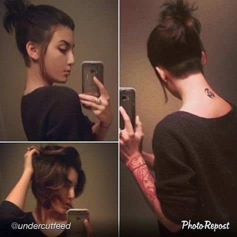 #undershave #shornnape #shorthairdontcare #buzzedback #sexyhair #ponytail #haidesign. Model @outernetitude #repost by @undercutfeed “Welcome To The Club #undercut” Subtle Undercut Women, Shaggy Inverted Bob, Small Undercut, Shornnape Undercut, Undercut Ponytail, Inverted Bobs, A Line Bob, Inverted Bob Haircuts, Undercut Bob