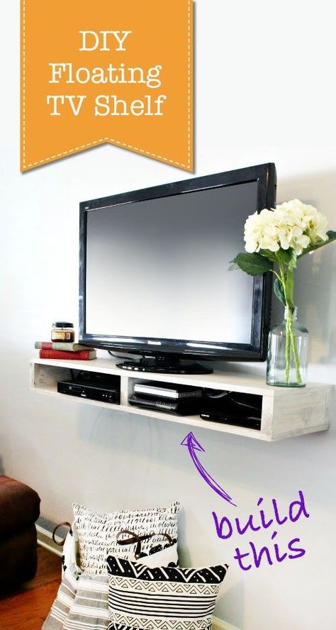 How to Build a Floating TV Shelf  #DIY #floatingshelf #tvshelf Shelves Under Tv, Wall Mount Tv Shelf, Tv Wall Shelves, Floating Tv Shelf, Ruang Tv, Furniture Placement Living Room, Floating Shelves Living Room, Furnitur Ruang Keluarga, Floating Tv