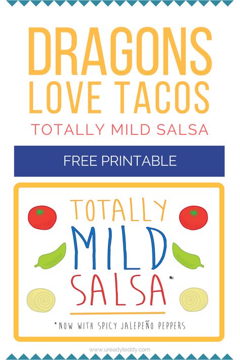 FREE DOWNLOAD. TOTALLY MILD SALSA LABEL FROM DRAGONS LOVE TACOS. FREE PRINTABLE. SALSA SLIME. SENSORY ACTIVITY. BEYOND THE BOOK. CHILDREN'S BOOK BOX. PRESCHOOL + TODDLER BOOK ACTIVITIES. Recipe Free Printable, Dragons Love Tacos Party, Taco Costume, Activity Books For Toddlers, Toddler Book, Dragons Love Tacos, Mild Salsa, Taco Party, Sensory Activity