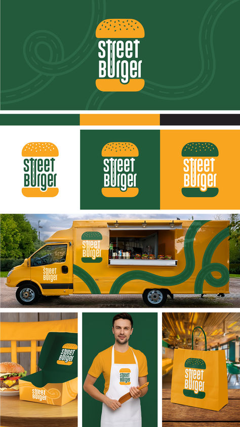 Discover this vibrant "Street Burger" food truck branding featuring a sleek logo design with modern typography and a bold color palette. Perfect for restaurant, food truck, or burger shop branding inspiration, the green and mustard yellow combo delivers a fresh and appetizing look. Whether you're designing packaging, uniforms, or vehicle wraps, this cohesive visual identity is sure to stand out. #FoodTruckBranding #BurgerShopLogo #RestaurantDesign #LogoInspiration Fast Food Truck Design, Fast Food Restaurant Color Palette, Burger Shop Logo Design, Burger Truck Design, Food Truck Graphics, Street Food Packaging Design, Visual Identity Restaurant, Food Truck Branding Design, Moodboard Branding Visual Identity