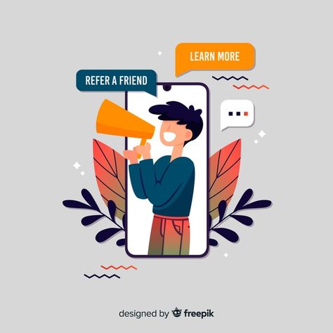 Refer a friend concept with smartphone and megaphone Refer And Earn, Fashion Sketch Template, Gain Knowledge, Refer A Friend, Flat Design Illustration, Graphic Design Fun, Vector Character, Design Website, Flat Illustration