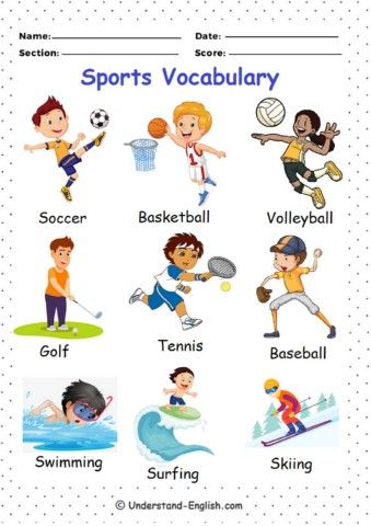 Sports Vocabulary By understand-english.com Sport Vocabulary, Sport English, Summer Lesson, Kids English, Kids Learning Activities, English Class, English Lessons, English Vocabulary, English Language