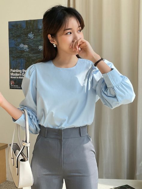 DAZY Solid Lantern Sleeve Blouse Light Blue Blouse Outfit, Blue Blouse Outfit, Pretty Tops, Blouse Tops Designs, Printed Blouses, Korean Blouse, Blouses Designs, Light Blue Blouse, Flowing Blouse