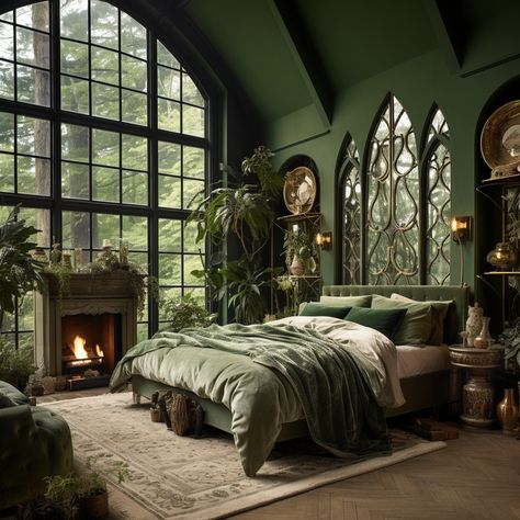 Witchy Master Bedrooms Decor, Emerald Green House Aesthetic, Dark Cottage Core Room Ideas, Goth Green Bedroom, Hogwarts Aesthetic Home Decor, Green Royal Bedroom, Dark Romantic Interior Design, Dark Academia Interior Design Bedroom, Victorian Homes Bedroom