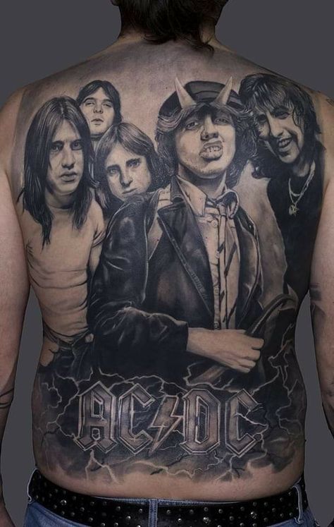 Back Tattoo Portrait, Acdc Tattoo, Rock Tattoos, Portrait Tattoo Sleeve, Full Back Tattoo, Dc Tattoo, Tattoo Portrait, Tattoos Inspo, Rock Tattoo