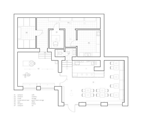 Fabryka Kavy coffee shop (2017) on Behance Cafe Plan Architecture, Coffee Roasting Room, Coffee Roasting Process, Cafe Floor Plan, Coffee Factory, Cafe Plan, Ivano Frankivsk, Coffee Counter, Space Words