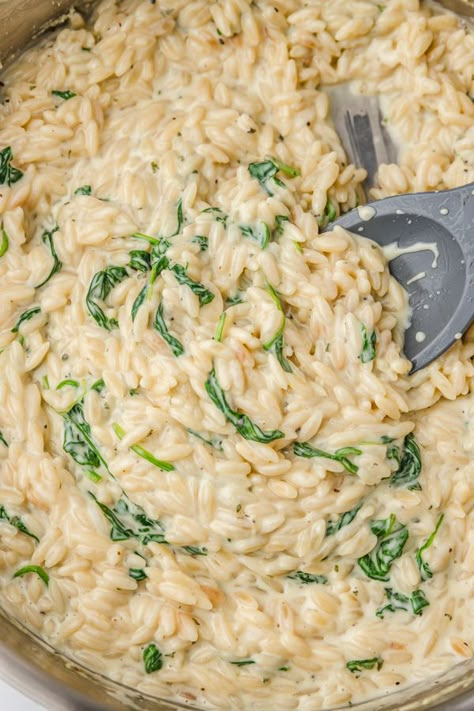 Boursin Pesto Orzo, Boursin Cheese Risotto, Orzo Recipes Boursin, Boursin Cheese Rice, Orzo Boursin Spinach, Orzo And Boursin, Bousin Orzo Recipes, Boursin Risotto, Borsine Cheese Recipes