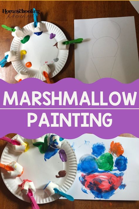 Marshmallow Painting - Homeschooling Preschool Marshmallow Preschool Activities, Marshmallow Crafts Preschool, Marshmallow Activities For Kids, Marshmallow Painting, Marshmallow Games, Marshmallow Activities, Camping Week, Cloud Activities, Candy Science