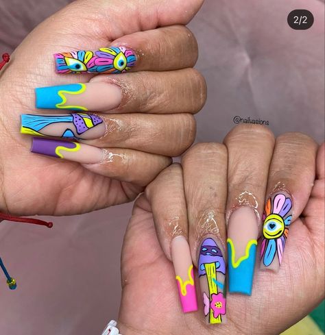 Pop Art Nails, 80s Design, Long Acrylic, Dope Makeup, Nail Art Inspo, Nails And Toes, Unique Acrylic Nails, Nail Board, Art Nails