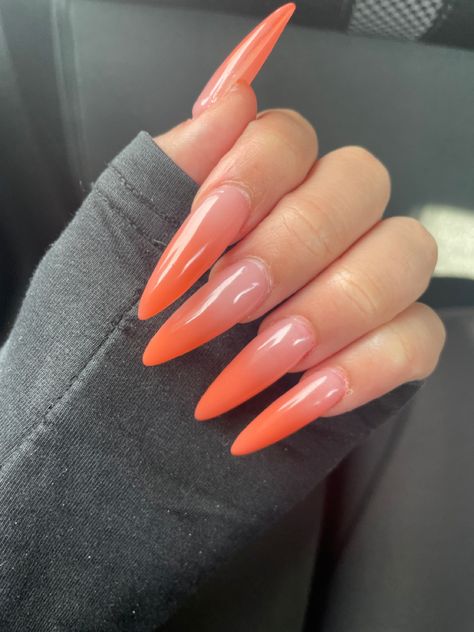 Long Almond Nails Orange, Nails Ombre Orange, Orange Ombré Nails, Orange Ombre Nails, Long Almond Nails, Long Almond, Ombré Nails, Orange Christmas, Orange Ombre