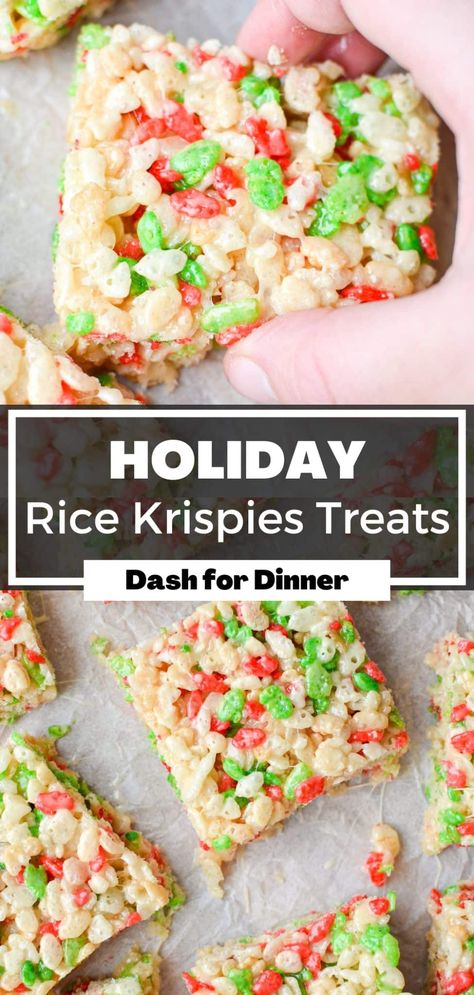 These holiday Rice Krispies treats are the perfect cookie swap recipe, OR no bake Christmas dessert. Whether you're looking for something to add to your Christmas traditions, or just an easy no bake Christmas recipe, these are sure to fit the bill! Perfect for bringing to parties, and uses just 4 simple ingredients. Holiday Rice, Christmas Rice Krispies, Krispie Treats Christmas, Rice Krispie Treats Christmas, No Bake Christmas, Christmas Rice, Homemade Rice Krispies Treats, Rice Crispy Treats Recipe, Bake Christmas