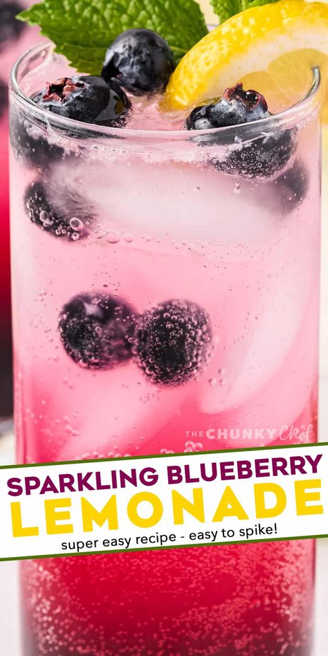 This Sparkling Blueberry Lemonade is the ultimate fun lemonade! Perfect to cool down on a hot day, or to serve at a party. #lemonade #blueberry #drink Blueberry Mint Lemonade, Blueberry Punch, Blueberry Drinks, Homemade Blueberry Syrup, Sparkling Lemonade, Peach Lemonade, Lemonade Cocktail, Blueberry Lemonade, Lemonade Drinks