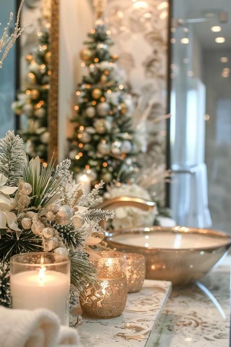 Elegant Christmas Bathroom Decor Ideas for the Holidays Black Christmas Bathroom Decor, Winter Decor Bathroom, Classy Christmas Bathroom Decor, Winter Wonderland Bathroom Decor, Christmas Decorations For Bathroom Decorating Ideas, Holiday Bathroom Decor Ideas, Decorate Bathroom For Christmas, White Christmas Bathroom Decor, Christmas Powder Room