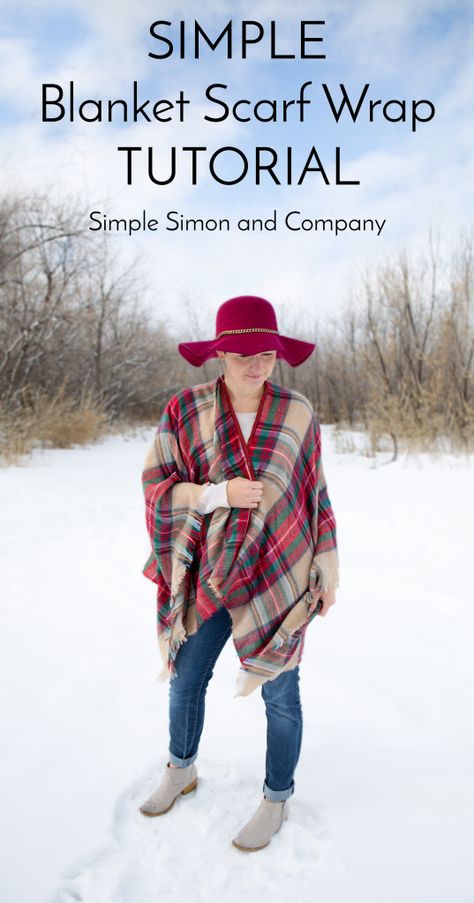 Blanket Scarf Wrap Tutorial - Simple Simon and Company Scarf Wrap Tutorial, Flannel Projects, Diy Blanket Scarf, Diy Scarves, Fleece Projects, Diy Blanket, Blanket Cape, Bleached Flannel, Scarf Vest