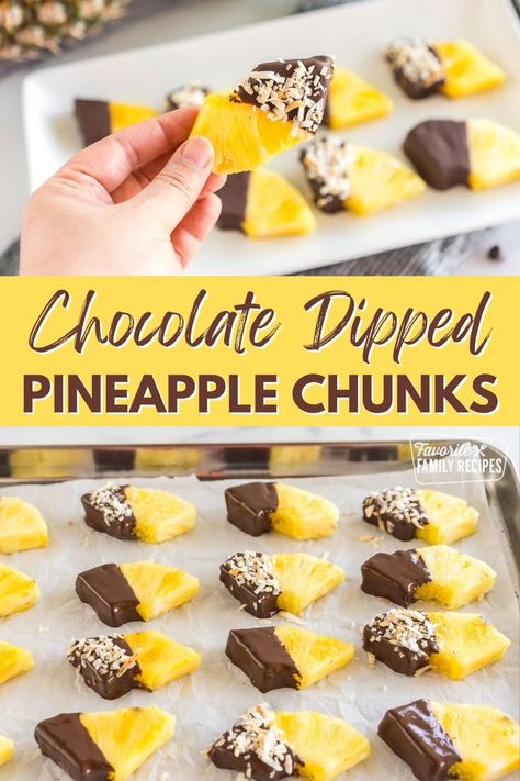 These Chocolate Dipped Pineapple Chunks make the best treat! Easy to make, and the best part is that you can customize your toppings and make it your own. I love to sprinkle toasted coconut onto my chocolate covered pineapple. You could also try flaky sea salt, crushed nuts, or drizzle white chocolate for a beautiful look and yummy taste! Pineapple Coconut Recipes, Chocolate Covered Pineapple Chunks, Candied Pineapple Recipes, Pool Party Desserts, Chocolate Dipped Pineapple, Pineapple Chocolate, Chocolate Covered Pineapple, Chocolate Goodies, Ice Cream Smoothie