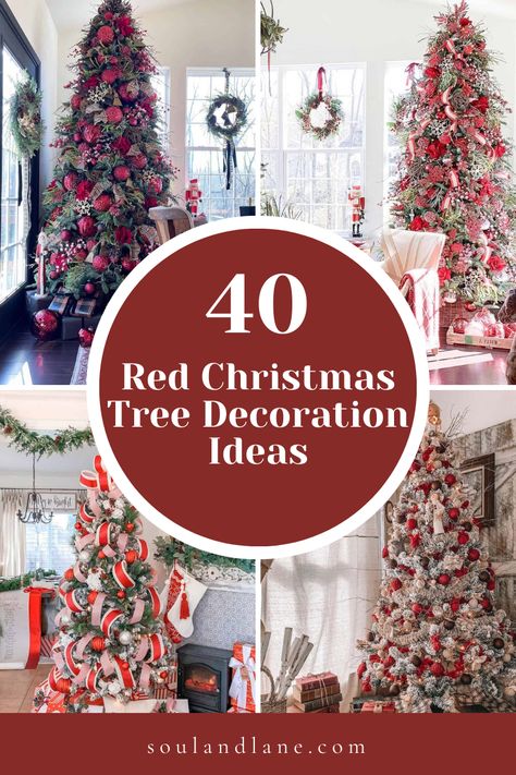 Christmas Trees With Red Lights, Non Traditional Christmas Tree Decor, Christmas Red Tree Ideas, Red Christmas Balls Decorating Ideas, Christmas Tree Red And White Decorations, Christmas Trees With Red Decorations, Red And White Ornaments Christmas Tree, Christmas Tree Red Theme, Christmas Tree Themes Red And Green