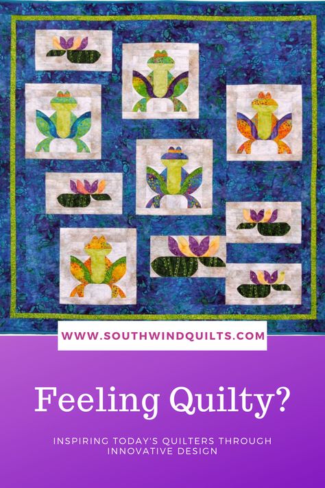 Fun Frog Quilt Pattern with curvy dimensional frogs created through Peeled-Back Patchwork by Southwind Designs.  Making a curvy quilt is as easy as sewing a straight line. Frog Pillow Pattern, Lizard Quilt Block, Frog Quilt Block, Frog Applique Pattern, Frog Patch Free Pattern, Frog Quilt, Frog Applique, Frog Pond Quilt, Fun Quilt