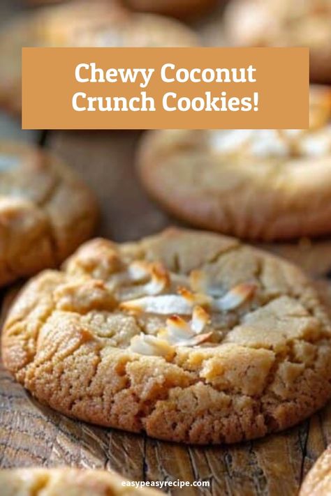 Close-up image of freshly baked coconut crunch cookies on a rustic wooden surface. Coconut Crunch, Crunch Cookies, Unique Snacks, Easy Peasy Recipes, Simple Desserts, Easy Treat, 15 Minute Meals, Fast Dinners, Health Conscious