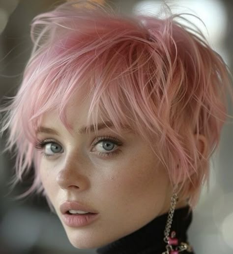 Light Pink Short Hair, Angelic Hairstyles, Hermes 2024, Pink Pixie Cut, Short Pink Hair, Pixie Bobs, Pink Short Hair, Pastel Pixie, Pixie Undercut