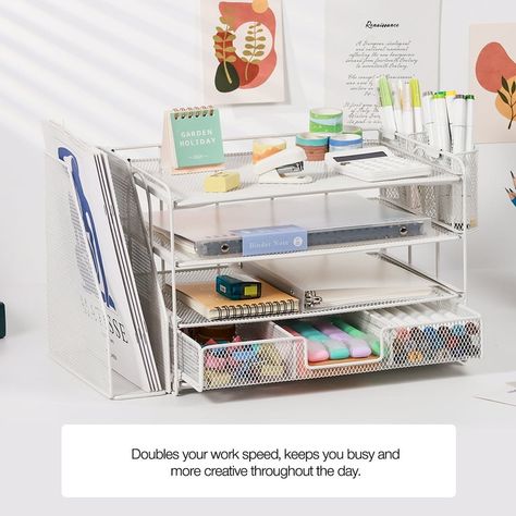 Livhil Desktop Organizer 4-Tier Desk Organizers Sets and Storage, File Organizers for Desk Drawer Organizer, Paper Organizer for Desk (White) - Walmart.com Desk Top Organizer Ideas, Organizers For Desk, White Desk Decor, Desk Paper Organizer, Work Desk Organization, Desk File Organizer, Organizer For Desk, Comfy Room, Desk Drawer Organizer