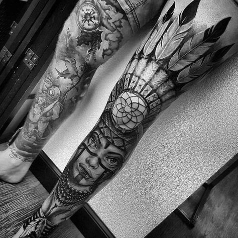 70 Native American Tattoo Designs | Cuded Tato 3d, Tattoo Special, Native American Tattoo Designs, Indian Feather Tattoos, Native American Tattoo, Full Leg Tattoos, Native American Tattoos, Native Tattoos, Indian Headdress