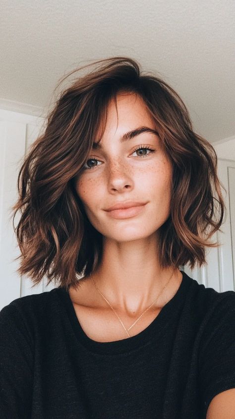 This stunning shoulder-length bob features a textured, tousled look that radiates effortless chic. The style is characterized by soft, beachy waves that add volume and movement, making it perfect for any occasion. To achieve this look, consider using a combination of a curling wand and texturizing spray. Start by curling small sections of hair away from your face to create loose waves; then gently tousle with your fingers for that lived-in feel. A lightweight mousse can also enhance texture with Center Part Lob Haircut, Collarbone Length Hair Wavy Natural, Shoulder Length Wavy Hair With Layers, French Lob Haircut, Naturally Wavy Lob, Brunette Lob Haircut, Choppy Long Bob, Wavy Hair Shoulder Length, Above The Shoulder Haircut