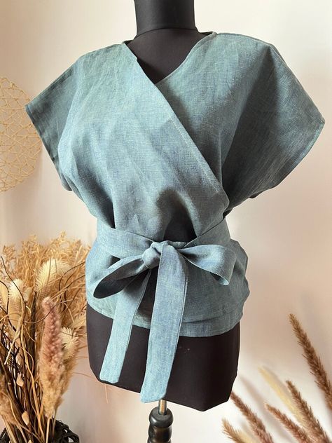 NEW Colors Linen Wrap Blouse for Women Linen Wrap Top Linen - Etsy Vietnam Linen Top Sewing Pattern, Wrapped Blouse, Luxury Blouse, Capsule Wardrobe Planning, Linen Wrap Top, Handmade Blouse, White Linen Top, Tops For Women Casual, Linen Bottoms