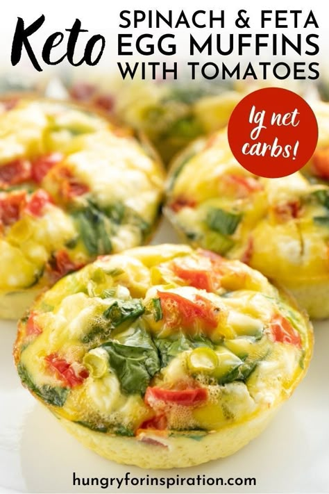 Looking for a vegetarian breakfast idea that's also ketogenic? If yes, our keto spinach, feta & tomato egg muffins with only 1g net carbs are just what you need! They taste great, are quick and easy to make and can also be used as a meal prep breakfast - a real keto breakfast all-rounder! Keto Egg Muffins, Feta Tomato, Keto Spinach, Tomato Egg, Spinach Breakfast, Egg Muffins Recipe, Low Carb Muffins, Spinach Feta, Spinach Egg