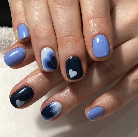 Short Nails Nail Art Simple, Short Nail Designs Blue, Heartstopper Nails, Blue Valentine Nails, Nail Ideas Blue, Short Nail Ideas, Designs For Short Nails, Blue Gel Nails, Hello Nails