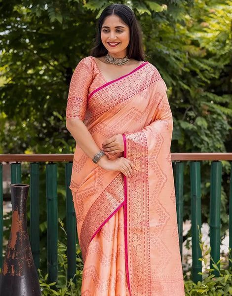 Peach Pink Saree, Kanjivaram Saree, South Indian Sarees, Pink Border, Blue Bridal, Pink Bridal, Kanjivaram Sarees, Printed Saree, Banarasi Saree