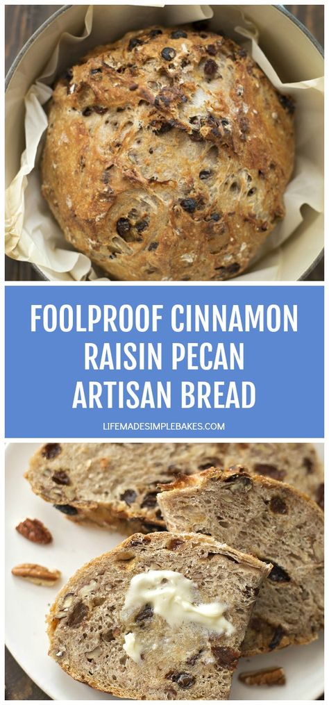 Foolproof cinnamon raisin pecan artisan bread. It's crusty on the outside, soft on the inside and loaded with plump raisins and toasted pecans. #foolproofcinnamonraisinpecanartisanbread #artisanbread #cinnamonraisinpecanbread #foolproofbreadrecipe Pecan Bread Recipe, Pembuat Roti, Dutch Oven Bread, Cinnamon Raisin Bread, Artisan Bread Recipes, Raisin Bread, Dutch Oven Recipes, Cinnamon Raisin, No Knead Bread