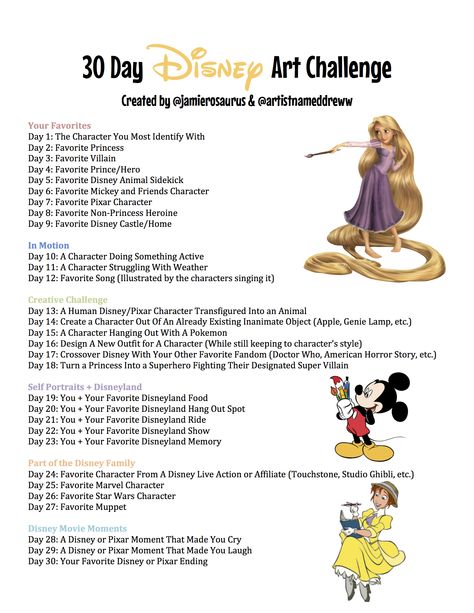 30 Day Disney Drawing Challenge, Disney Drawing Prompts, 30 Day Sketchbook Challenge, Disney Art Challenge, 30 Day Challenge Art, Drawing Challenge Character, 30 Days Art Challenge, Disney Drawing Challenge, 30 Days Drawing