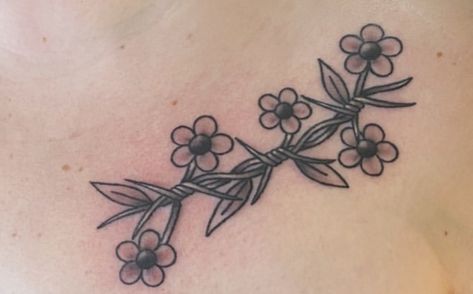 barbed wire mixed with vine and flowers Barbed Wire Flowers Tattoo, Barbed Wire Sunflower Tattoo, Barb Tattoo Wire, Flower And Barbed Wire Tattoo, Barb Wire And Flowers Tattoo, Flower Barbed Wire Tattoo, Barbed Wire And Vine Tattoo, Barbed Wire Tattoo With Flowers, Barb Wire With Flowers Tattoo